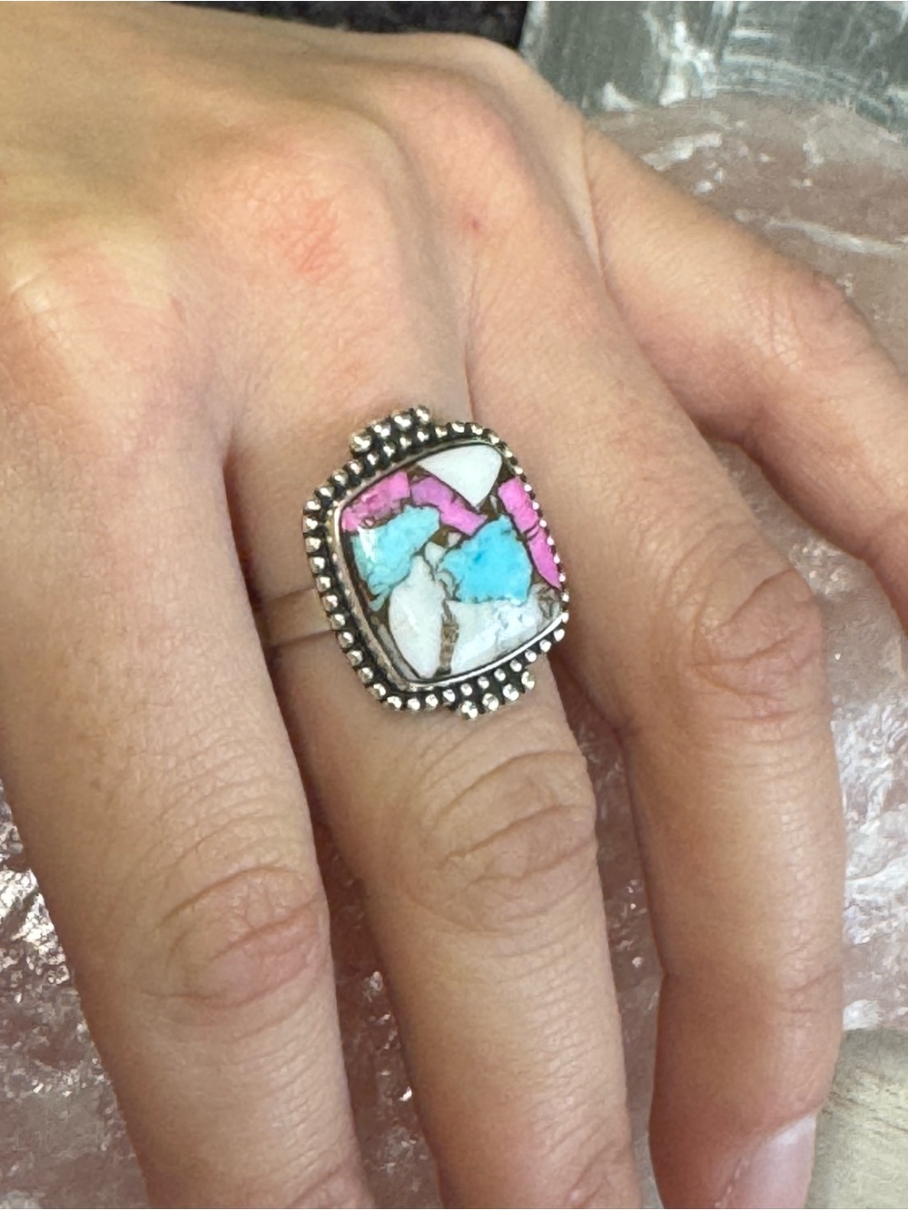 Cotton Candy Turquoise Dahlia Sterling Silver Statement Ring - Boho